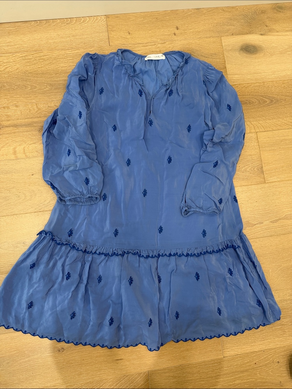 Zara Blue Embroidered Ruffle-Hem Girls Dress